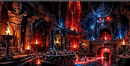 Illustrative underground dark ride through the mythical underworld of Hades