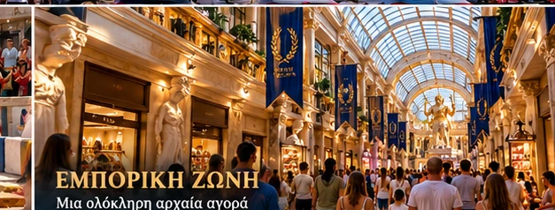 Shopping galleries with glazed ceilings and classical storefronts