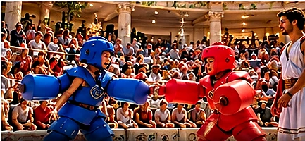 Concept image of children in oversized padded suits competing in a playful pankration event